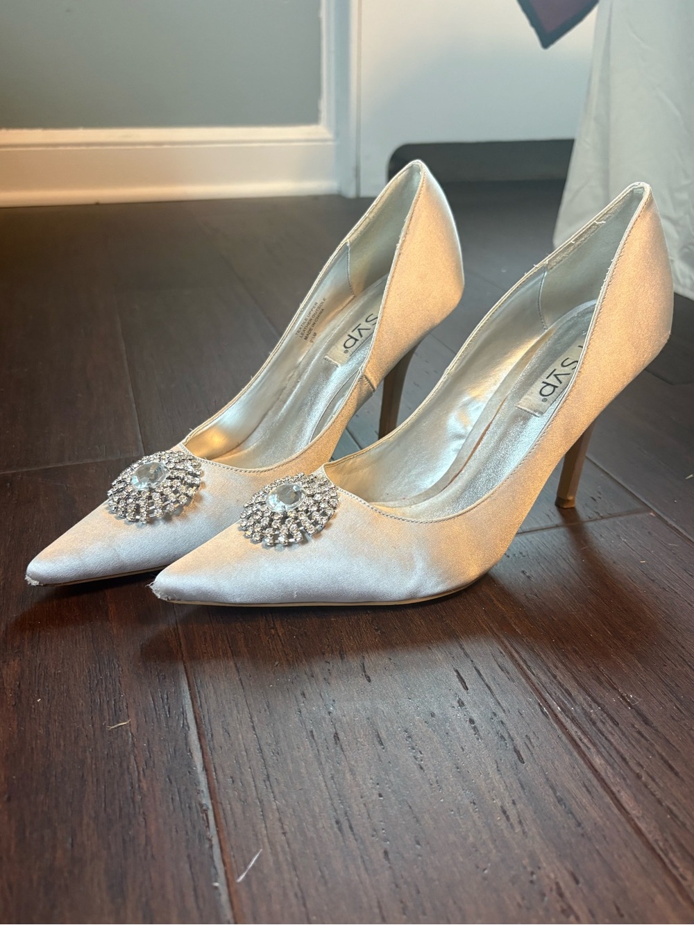 RSVP Silver Satin Pointed Toe Heels with Crystal Accent